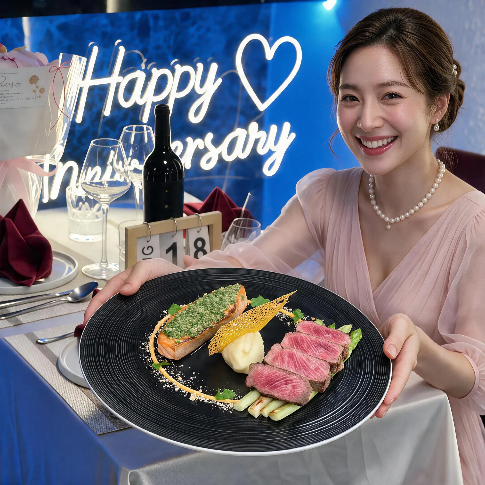 Khách hàng giới thiệu phần steak và cá hồi trong không gian tiệc tại Ơ Bistro